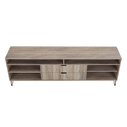 Fluted TV stand with storage and metal legs in weathered wood finish by HouseOfZazla on Tampa Home & Garden Store