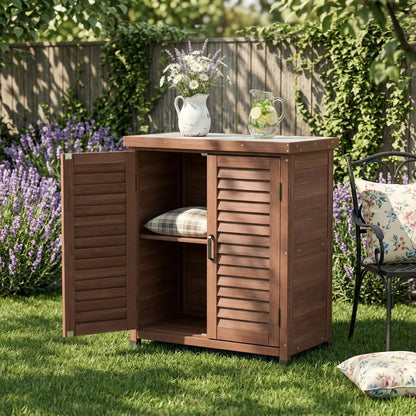 Potting bench with storage cabinet and metal top; brown unit on Tampa Home & Garden Store