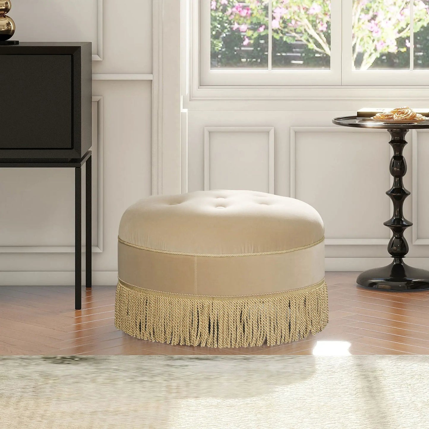 Yolanda Round Upholstered Accent Ottoman beige fabric with fringe by Unique Piece Furniture on Tampa Home & Garden Store