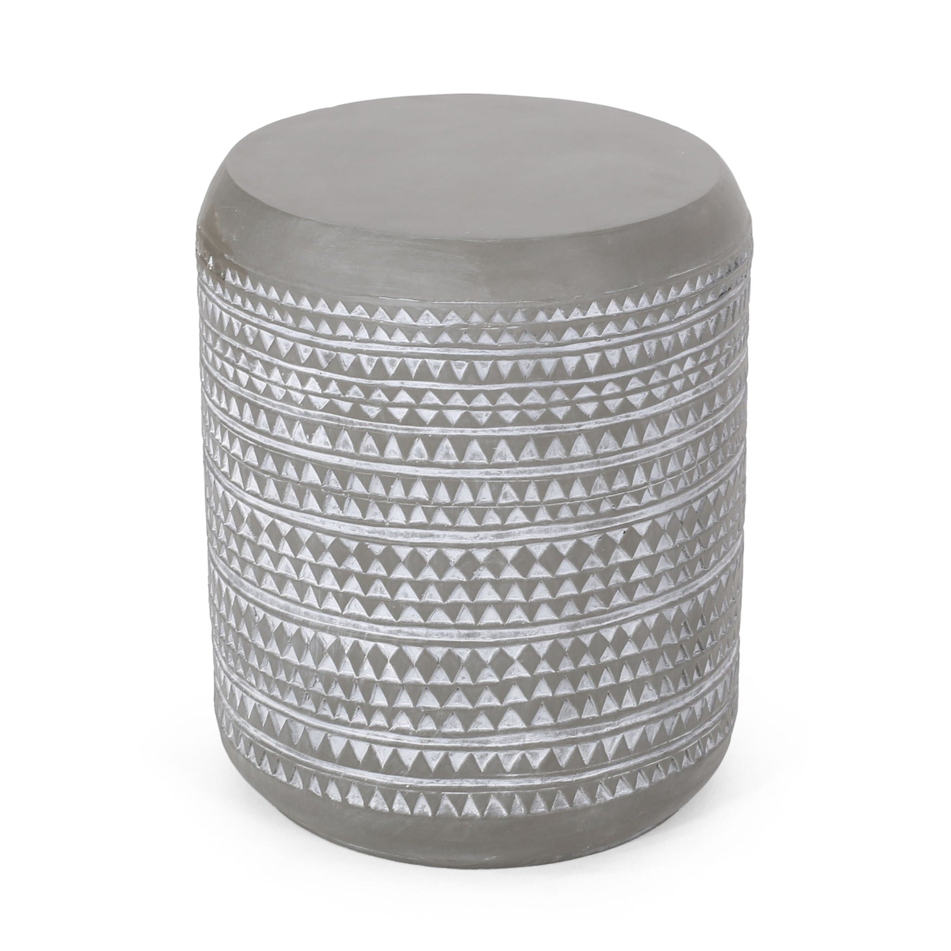 Outdoor cylindrical side table with a repeating diamond texture in metallic gray on Tampa Home & Garden Store