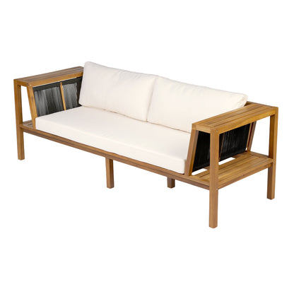 Teak finish acacia wood outdoor daybed sofa with white cushions on Tampa Home & Garden Store