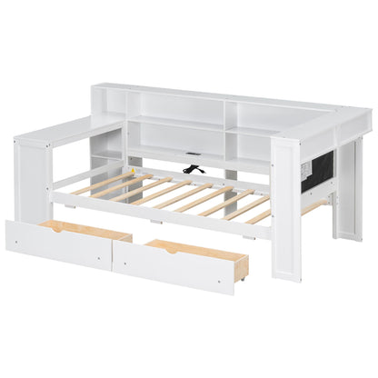 White platform bed with built-in desk, open shelves, and storage drawers, slatted frame on Tampa Home & Garden Store