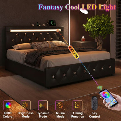 Upholstered Bed Frame with LED Lights Storage