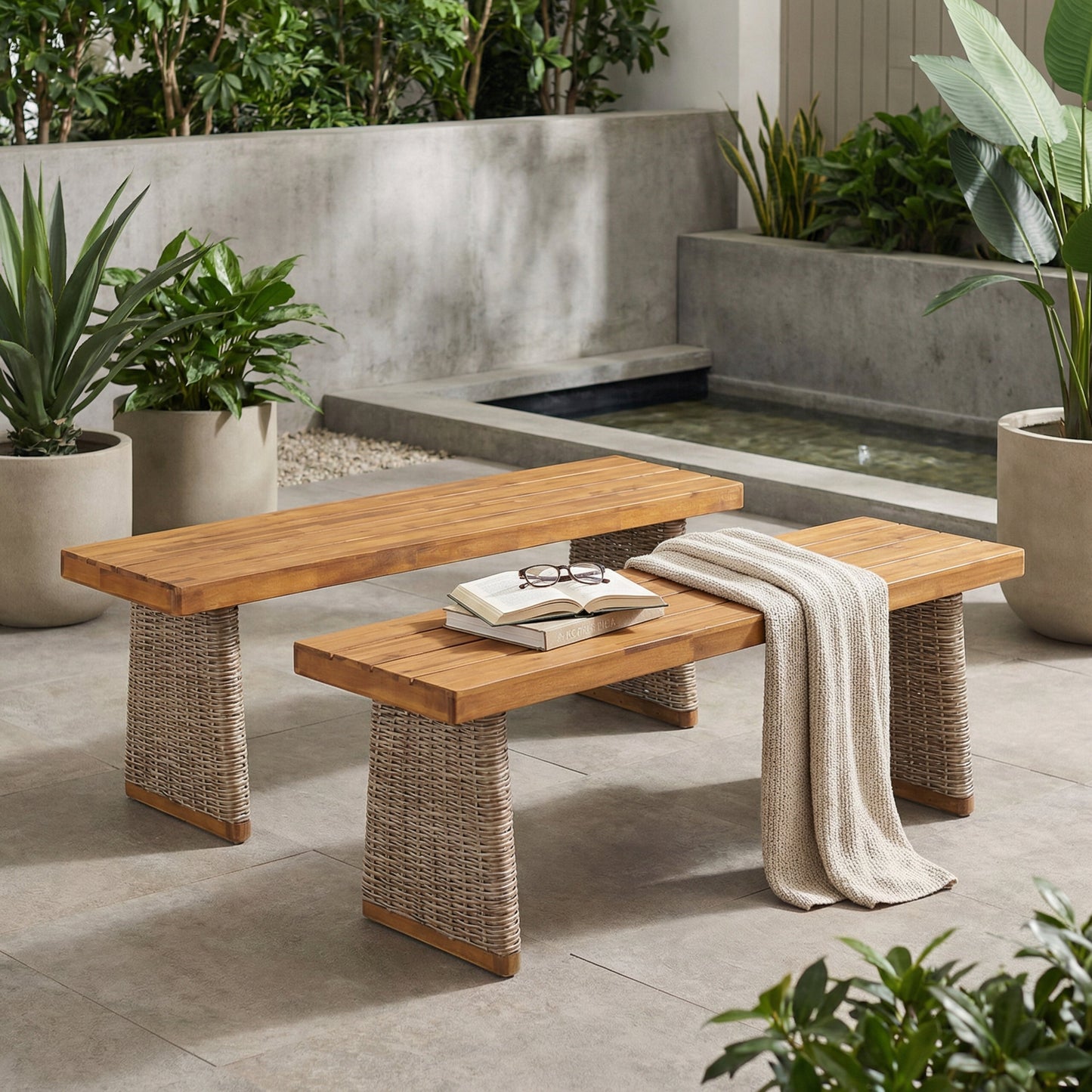 Outdoor Acacia Wood Bench Set of Two Pieces