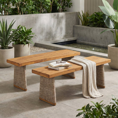 Outdoor Acacia Wood Bench Set of Two Pieces