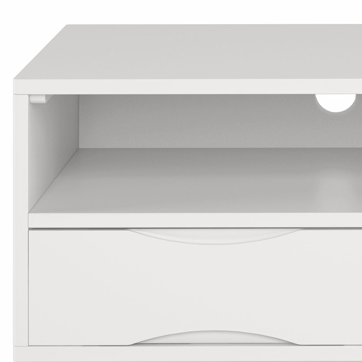 Handcrafted rubberwood TV stand with drawers in white, open upper shelf, HouseOfZazla on Tampa Home & Garden Store