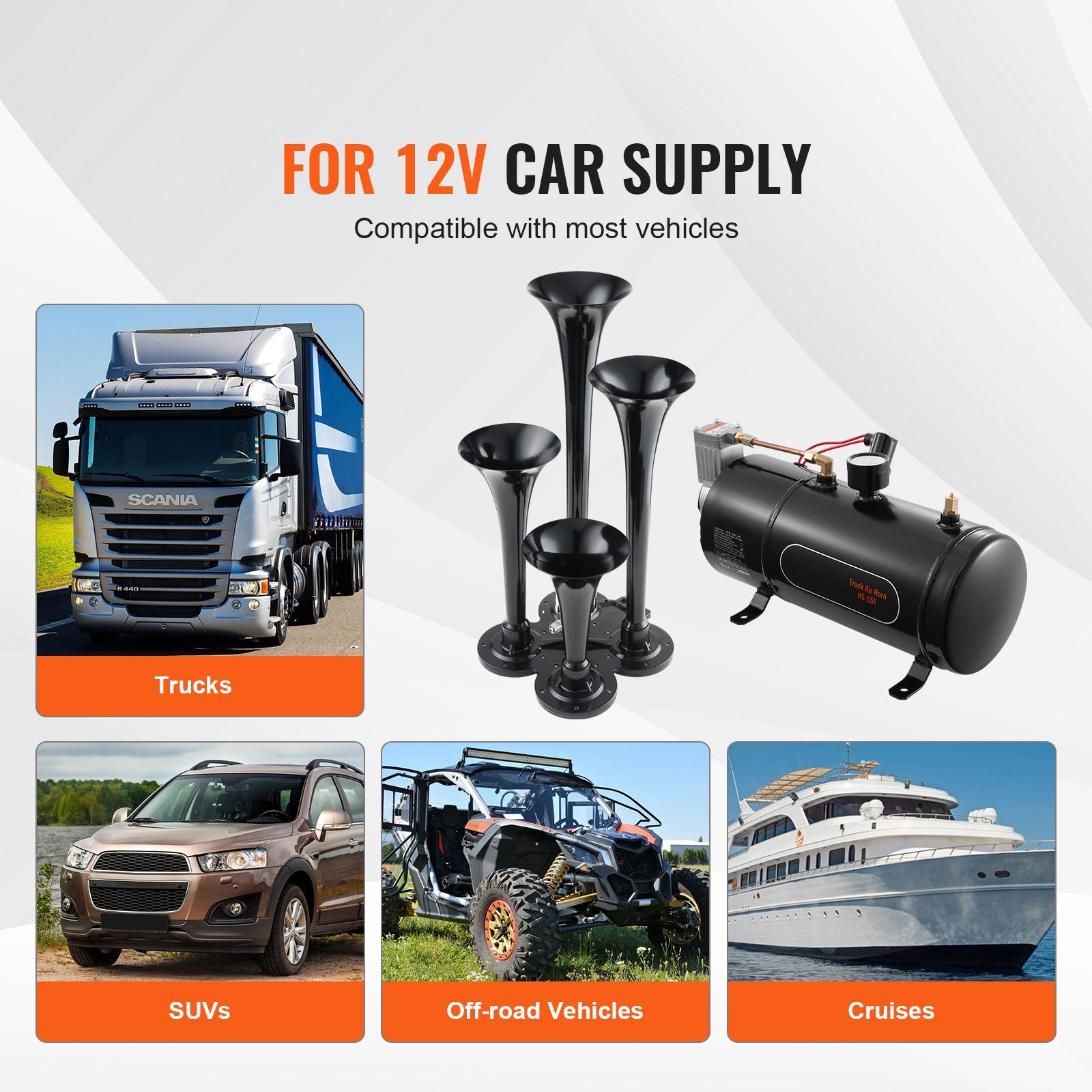 Train Horns Kit, 4-trumpet air horn set, 150dB, black horns and truck compressor, HouseOfZazla on Tampa Home & Garden Store