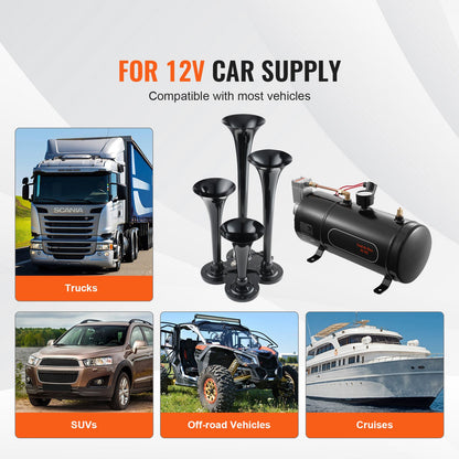 Train Horns Kit, 4-trumpet air horn set, 150dB, black horns and truck compressor, HouseOfZazla on Tampa Home & Garden Store