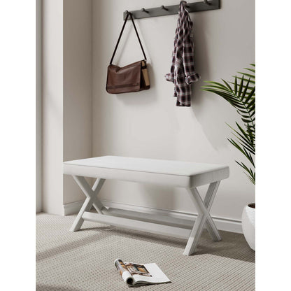 Accent bench with piped cushion and white solid wood frame, brown bag visible on Tampa Home & Garden Store