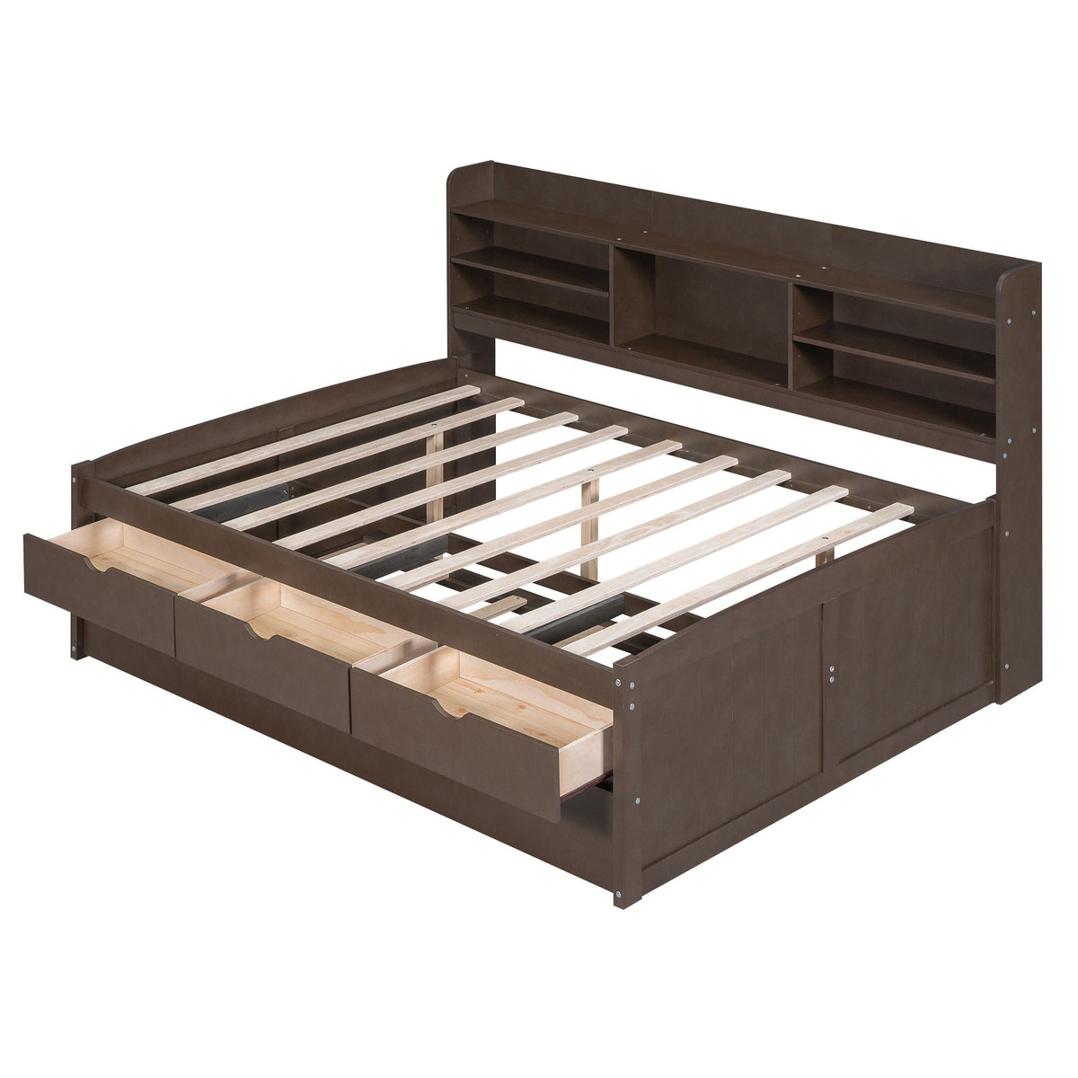 Captain Bed with built-in bookshelves, 3 storage drawers and trundle in dark brown wood on Tampa Home & Garden Store