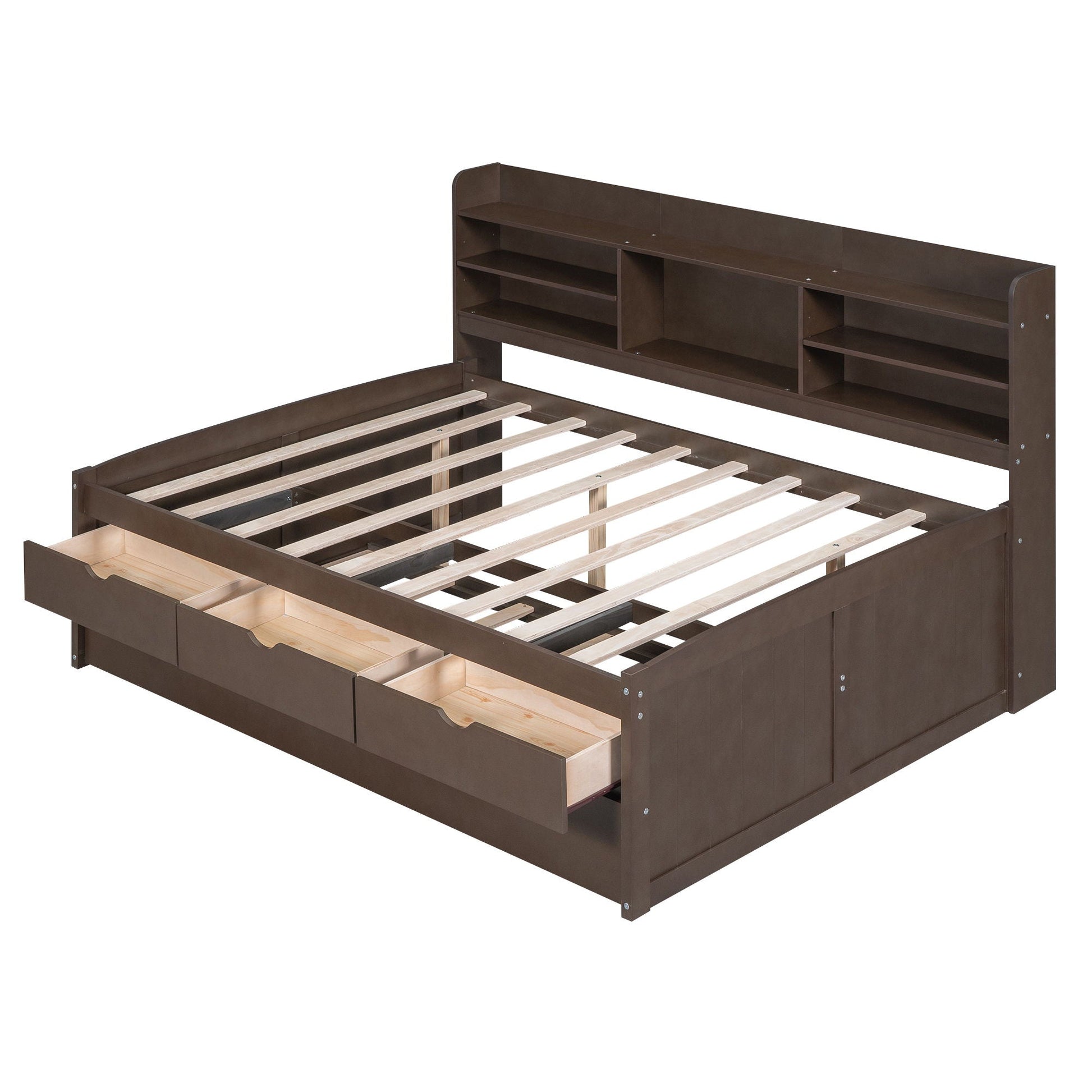 Captain Bed with built-in bookshelves, 3 storage drawers and trundle in dark brown wood on Tampa Home & Garden Store