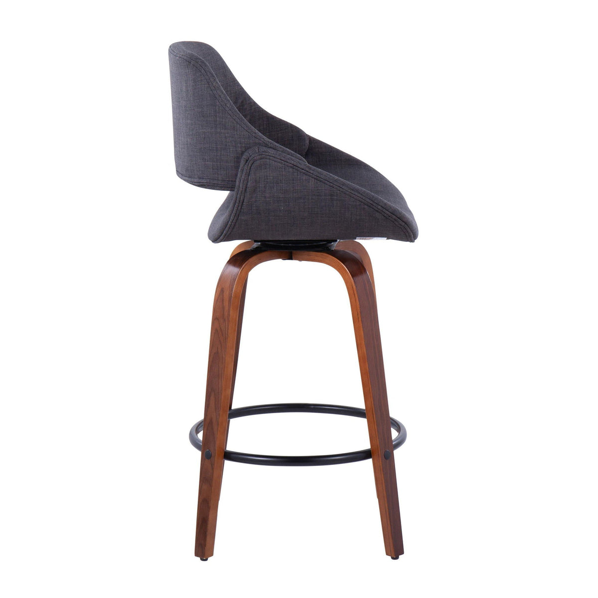 Mid Century Modern counter stool with dark gray fabric and round footrest on wooden legs on Tampa Home & Garden Store