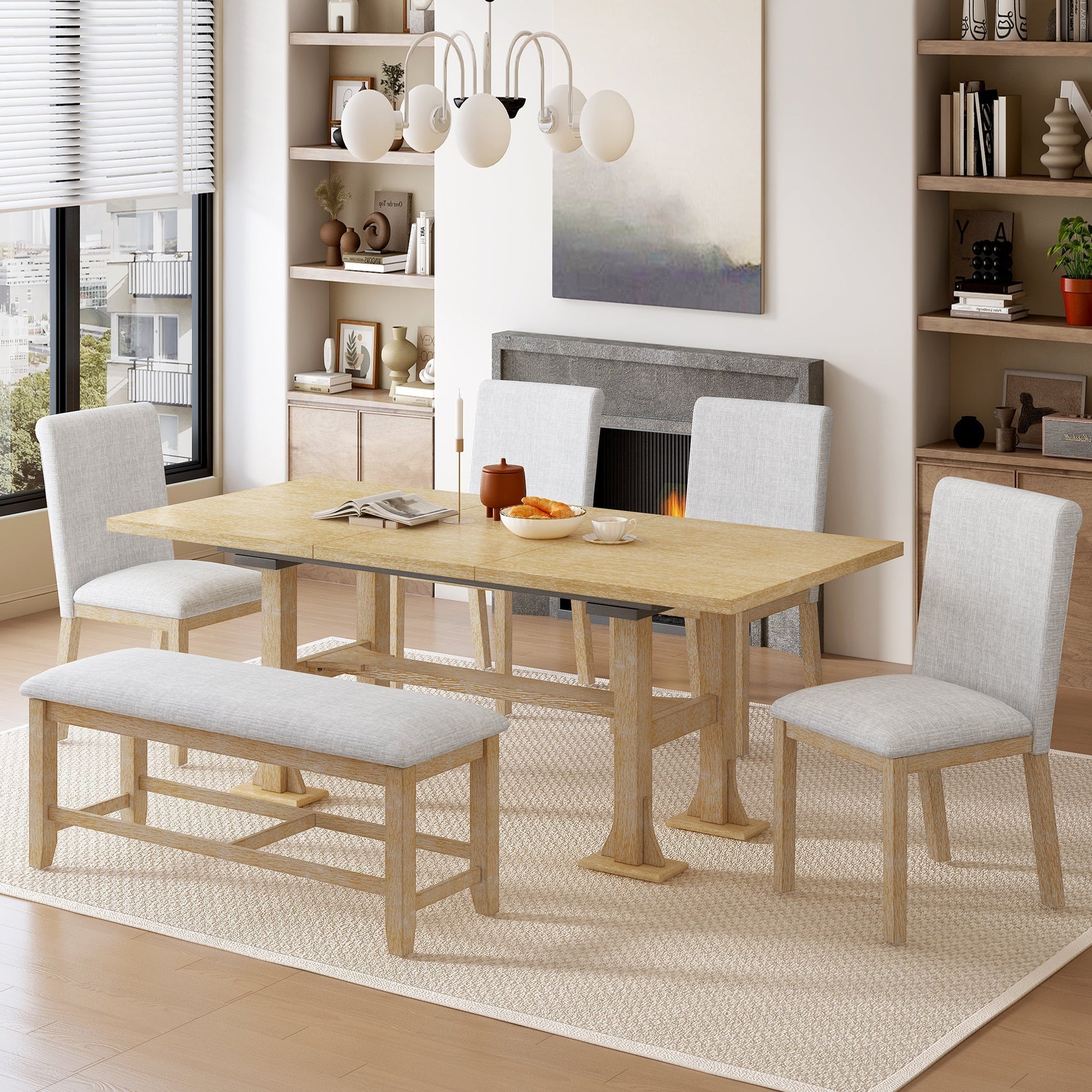 Artisanal 6-piece extendable solid wood dining set with two gray upholstered benches on Tampa Home & Garden Store