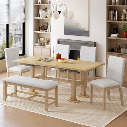 Artisanal 6-piece extendable solid wood dining set with two gray upholstered benches on Tampa Home & Garden Store