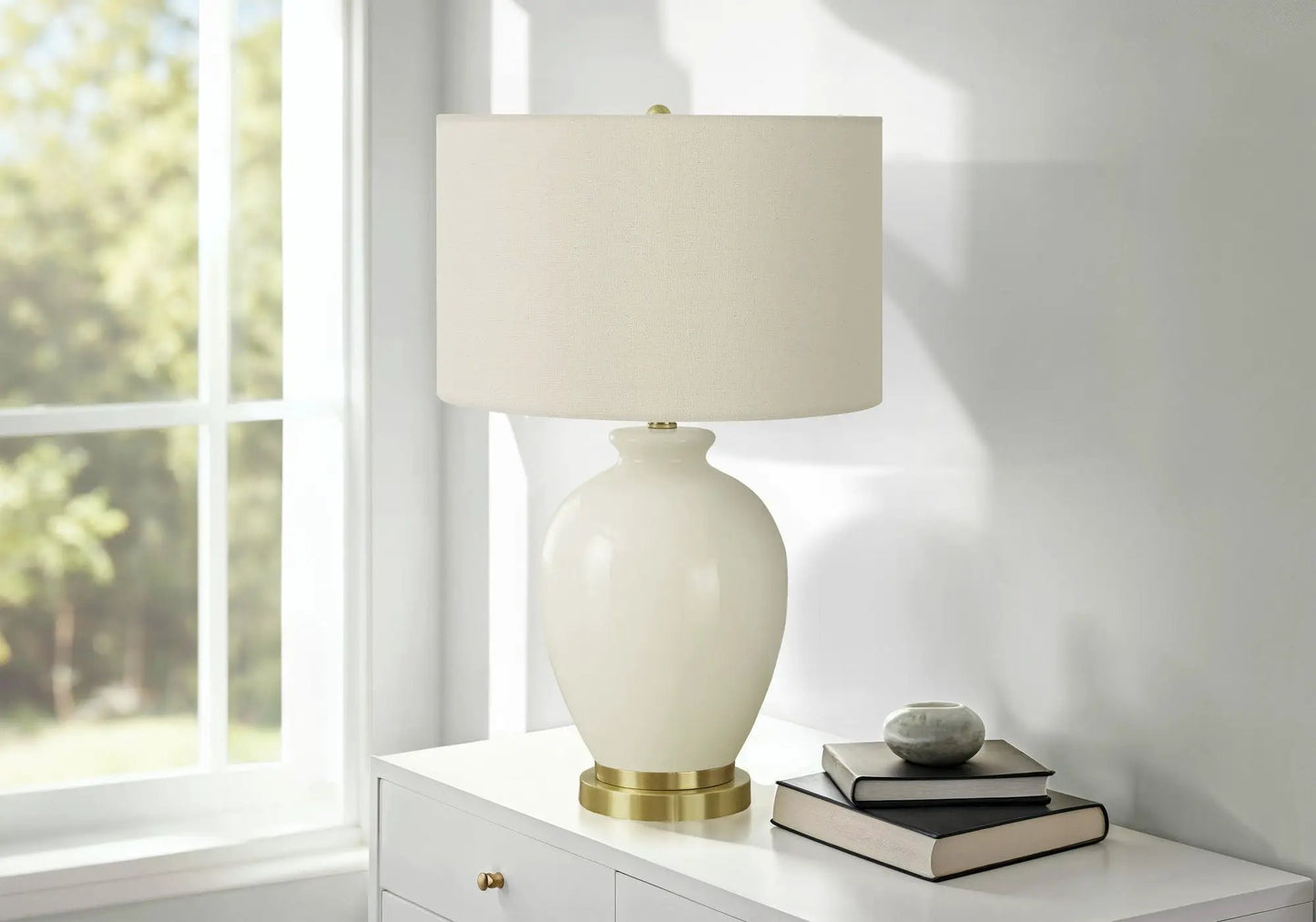 Table lamp cream ceramic base with beige fabric shade by Unique Piece Furniture on white dresser on Tampa Home & Garden Store