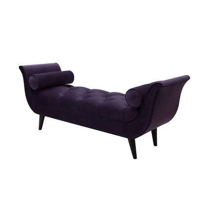 Tufted flared-arm upholstered purple velvet bench with seat tufting and bolster pillows on Tampa Home & Garden Store