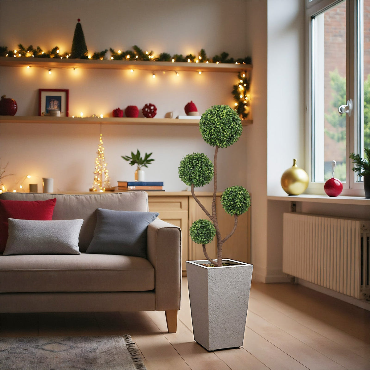 4ft tall artificial boxwood topiary tree with green spherical foliage in square planter on Tampa Home & Garden Store