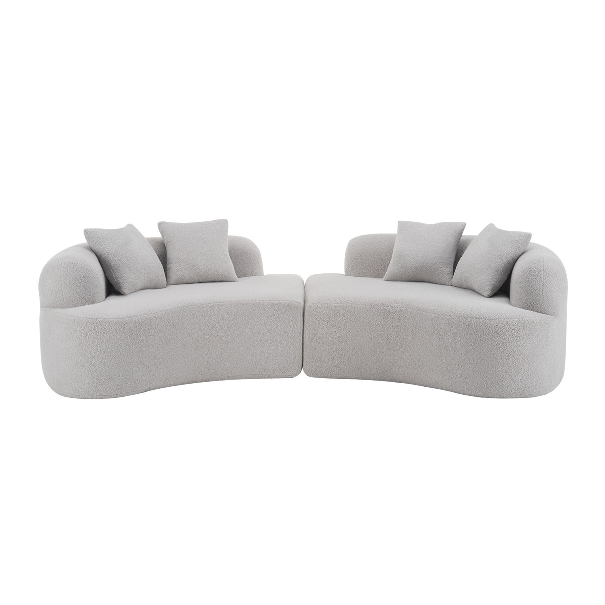 Curved 4-seater sponge sofa pair in light gray fabric cushions on Tampa Home & Garden Store