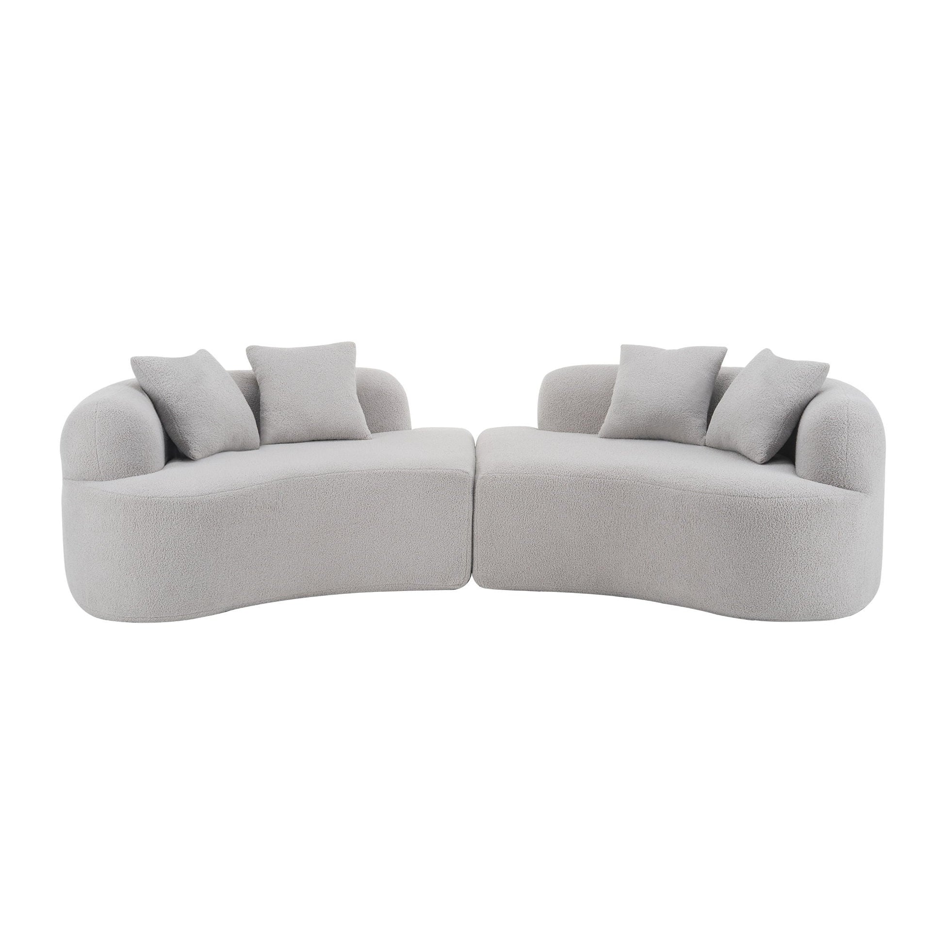 Curved 4-seater sponge sofa pair in light gray fabric cushions on Tampa Home & Garden Store