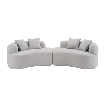 Curved 4-seater sponge sofa pair in light gray fabric cushions on Tampa Home & Garden Store