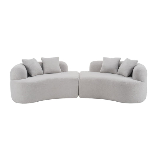 Curved 4-seater sponge sofa pair in light gray fabric cushions on Tampa Home & Garden Store