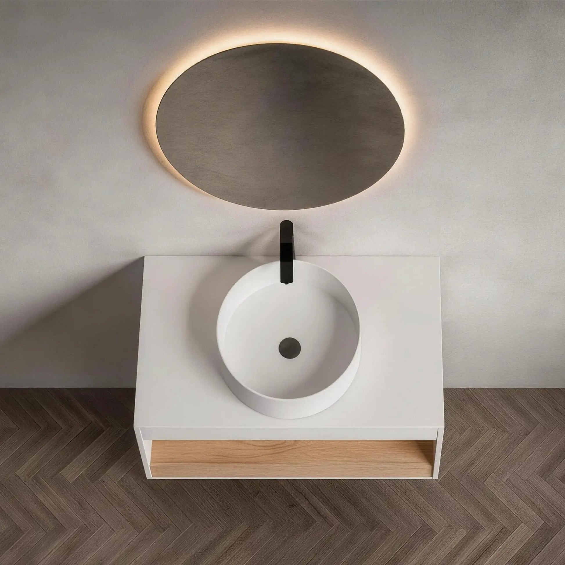 Floating white vanity with round vessel sink and black faucet by Unique Piece Furniture on Tampa Home & Garden Store