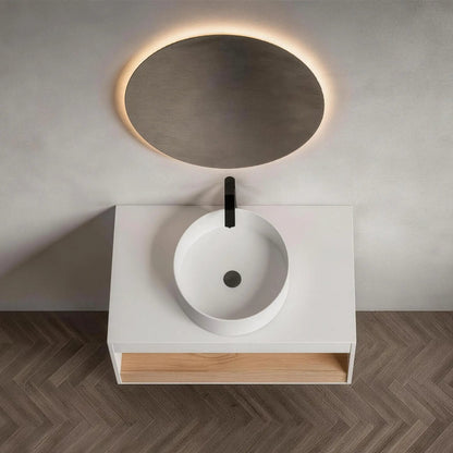 Floating white vanity with round vessel sink and black faucet by Unique Piece Furniture on Tampa Home & Garden Store