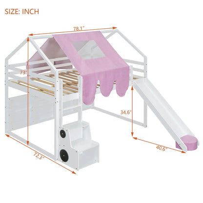 Loft bed with house-shaped frame and pink fabric tent on white wood frame Unique Piece Furniture on Tampa Home & Garden Store