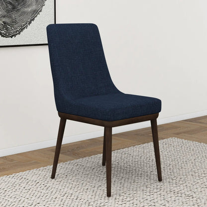 Kate mid-century modern dining chair set of 2 in navy blue fabric with dark wood legs on Tampa Home & Garden Store
