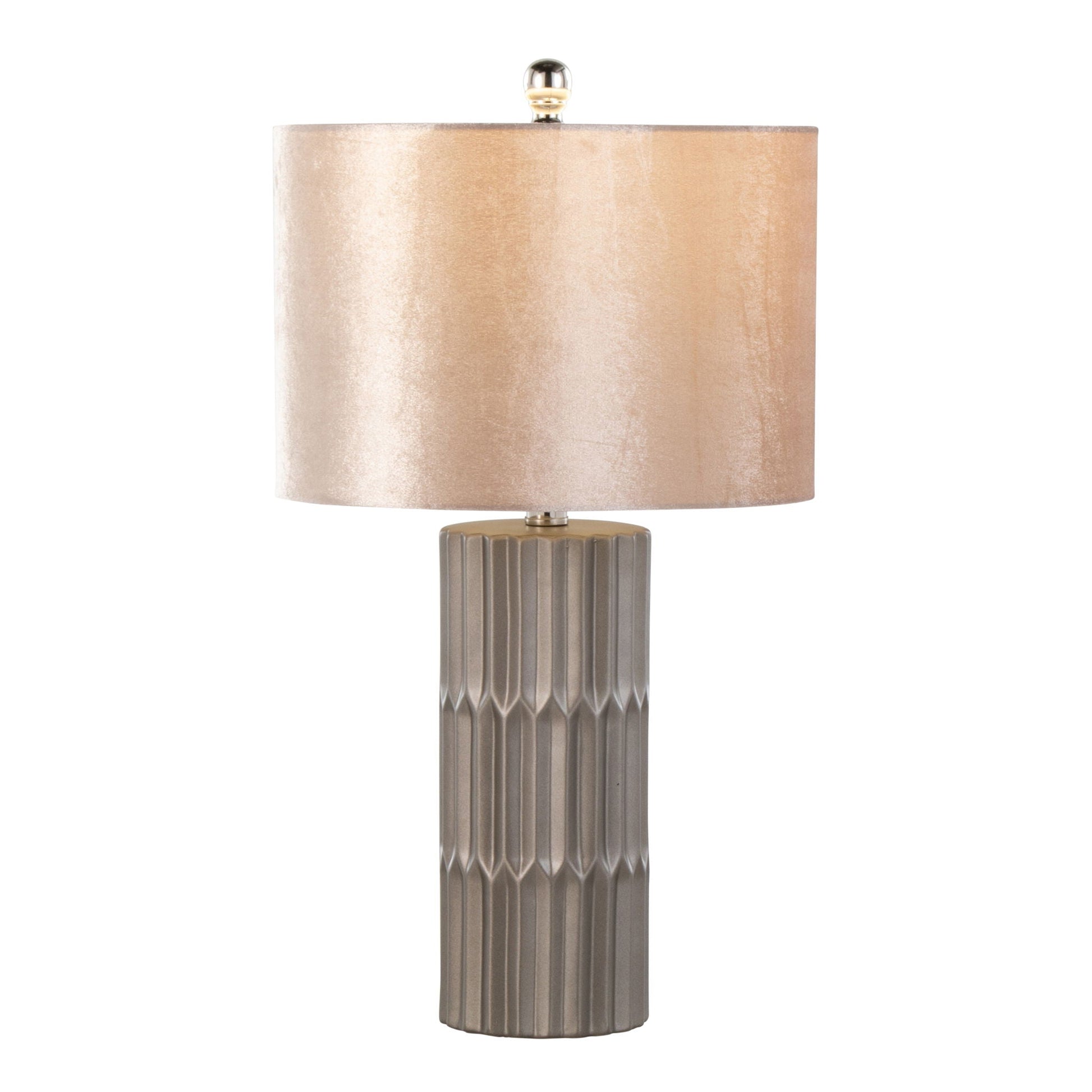Tania contemporary table lamp with champagne fabric shade and brown ribbed ceramic base on Tampa Home & Garden Store