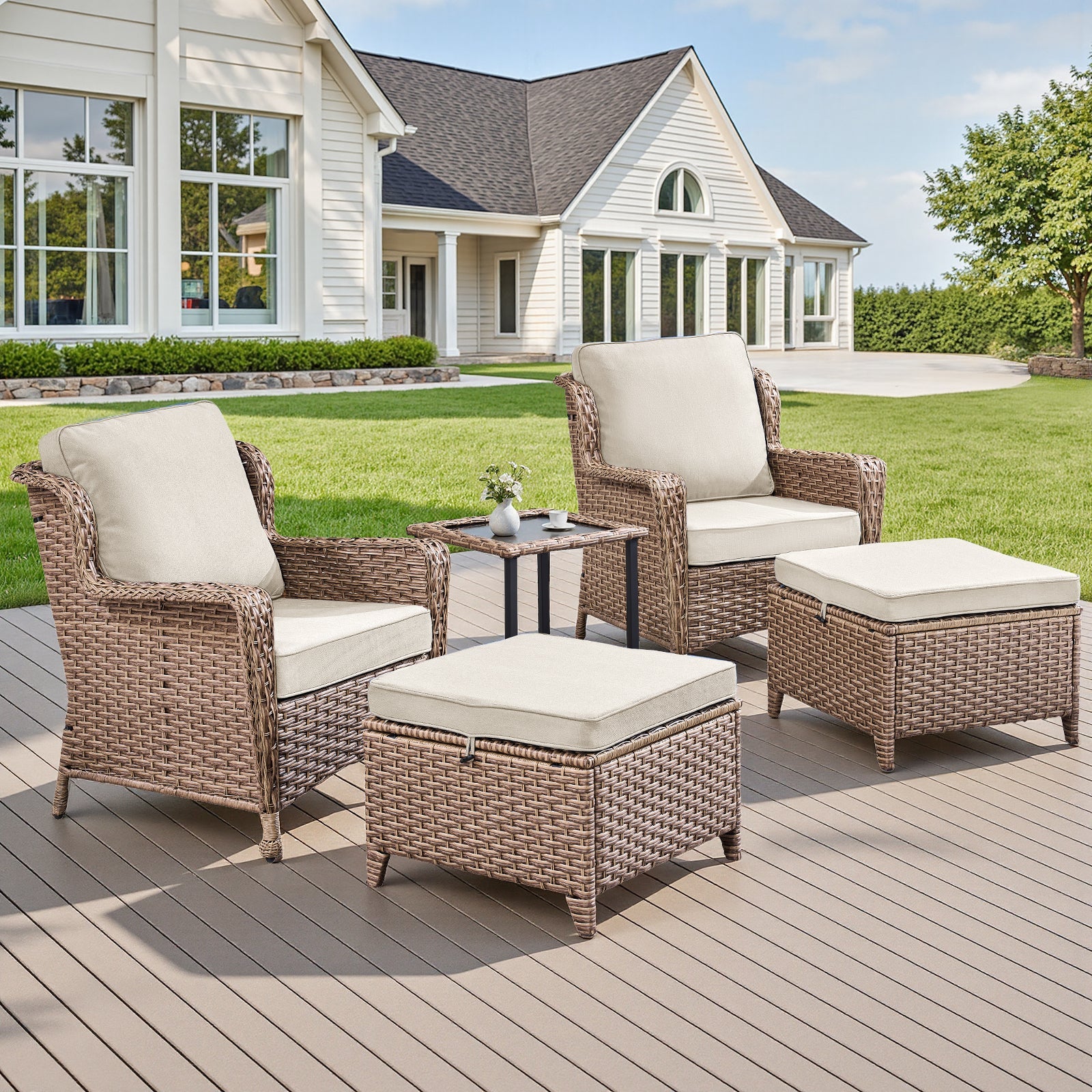 5-Piece Outdoor Lounge Chairs Set with Side Table and Ottomans beige cushions brown wicker HouseOfZazla on Tampa Home & Garden Store