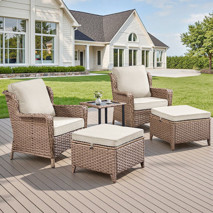 5-Piece Outdoor Lounge Chairs Set with Side Table and Ottomans beige cushions brown wicker HouseOfZazla on Tampa Home & Garden Store