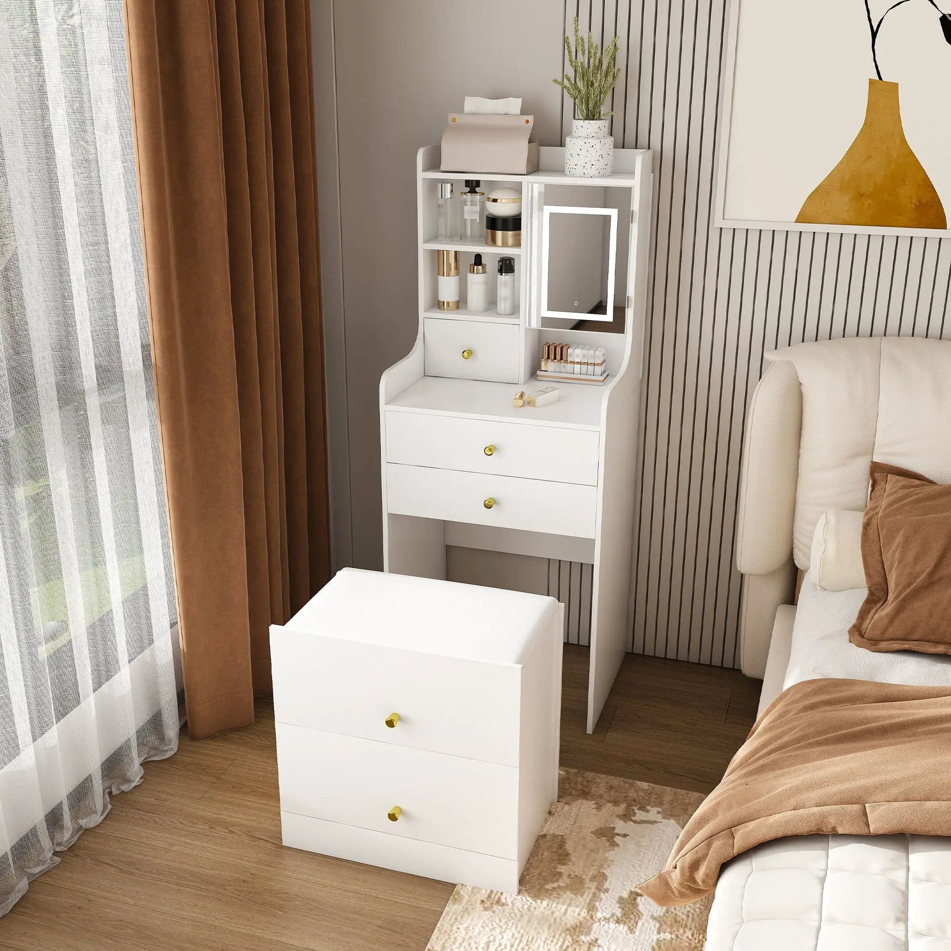 White 3-in-1 dressing table vanity with LED mirror storage stool and built-in shelves on Tampa Home & Garden Store