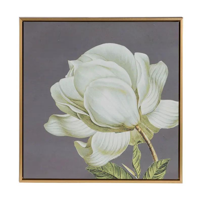 Framed botanical wall art print set of 4 with white magnolia on gray background, gold frame on Tampa Home & Garden Store