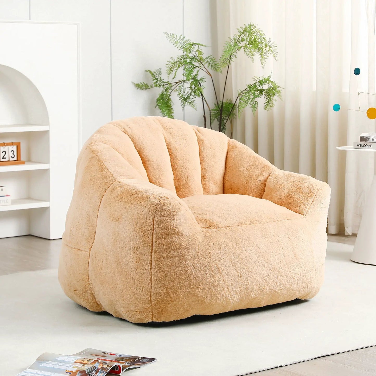 Beanbag chair with built-in armrests in soft beige plush fabric, high-density foam filling on Tampa Home & Garden Store