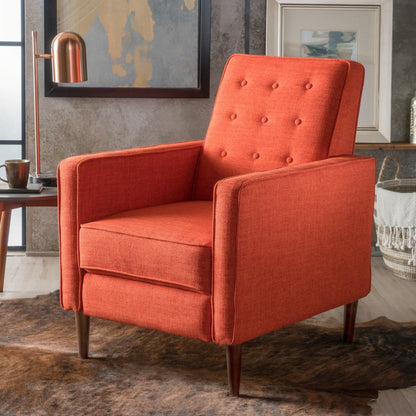 Mid-Century Modern recliner, orange fabric, button tufted back, wood legs Unique Piece Furniture on Tampa Home & Garden Store