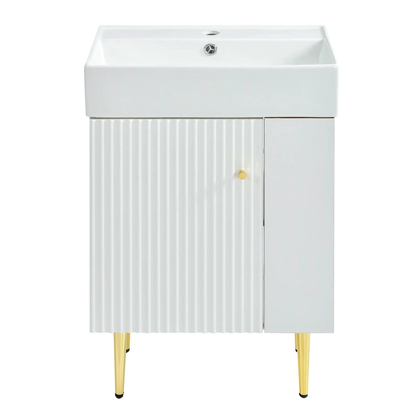Bathroom vanity combo cabinet with single ceramic sink, white finish, ribbed doors on Tampa Home & Garden Store
