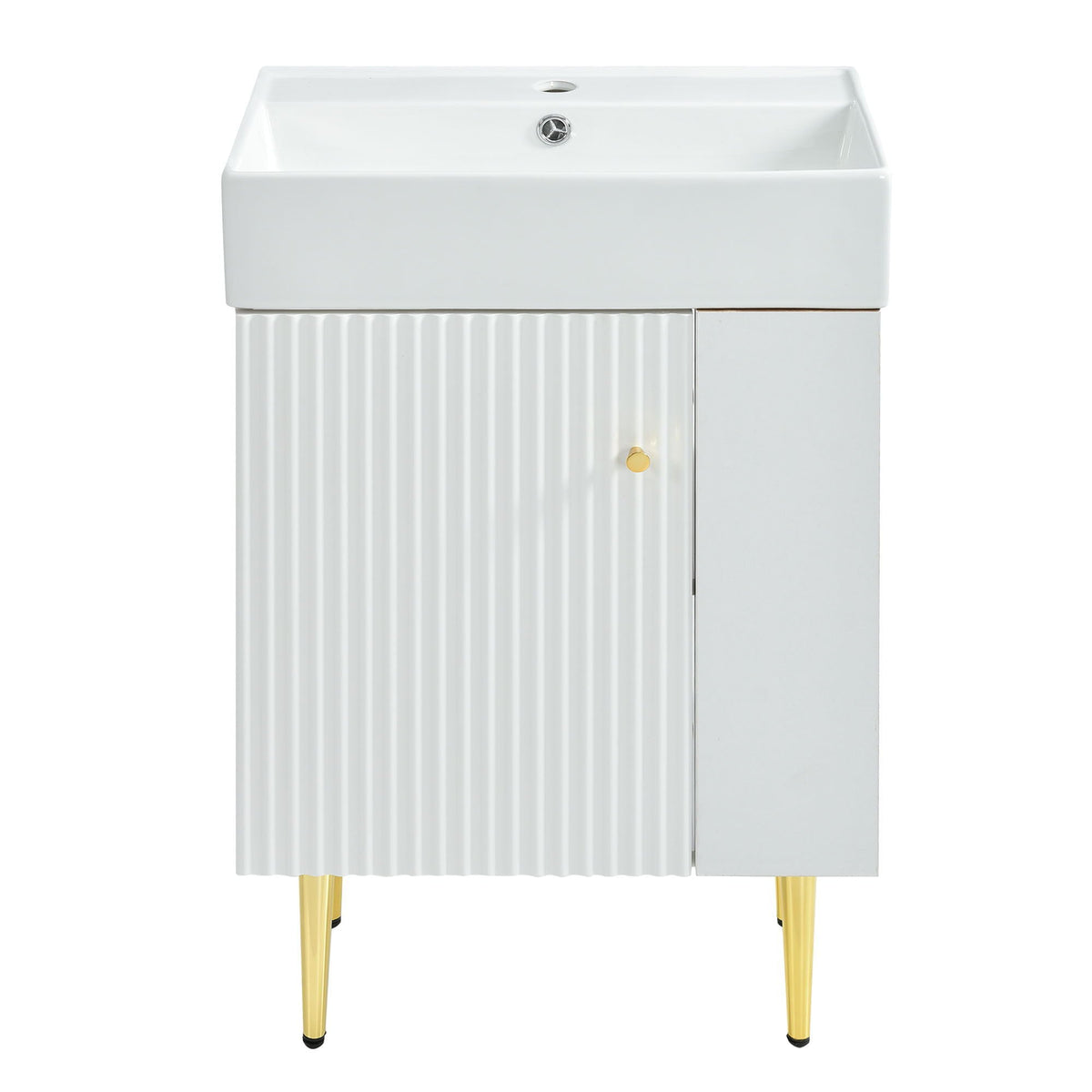 Bathroom vanity with single ceramic sink, gray ribbed cabinet, side storage, gold legs on Tampa Home & Garden Store