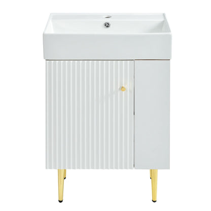 Bathroom vanity with single ceramic sink, gray ribbed cabinet, side storage, gold legs on Tampa Home & Garden Store