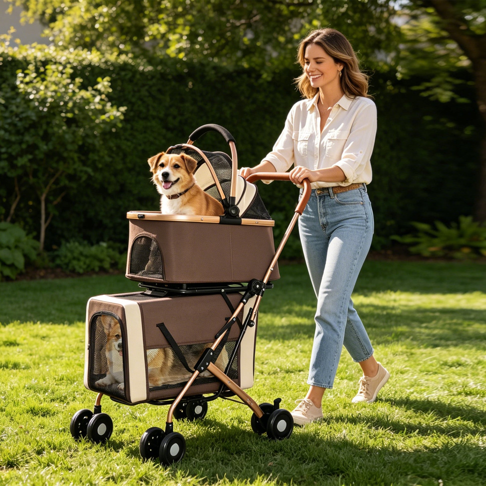 HouseOfZazla double pet stroller for dogs and cats in brown with mesh panels used by a smiling woman on Tampa Home & Garden Store