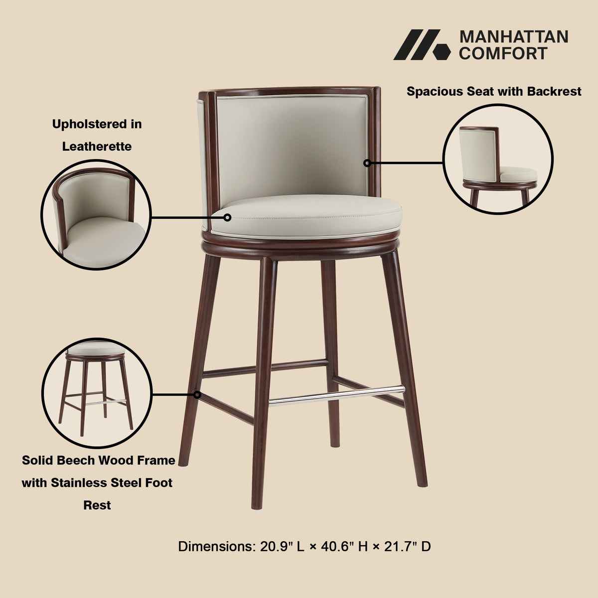 Evalyn Barstool, bar-height 28–30, beech wood frame, beige leatherette upholstery, HouseOfZazla on Tampa Home & Garden Store