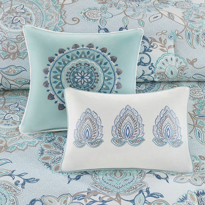 8 Piece Cotton Floral Reversible Comforter Set Blue with teal mandala accents HouseOfZazla on Tampa Home & Garden Store