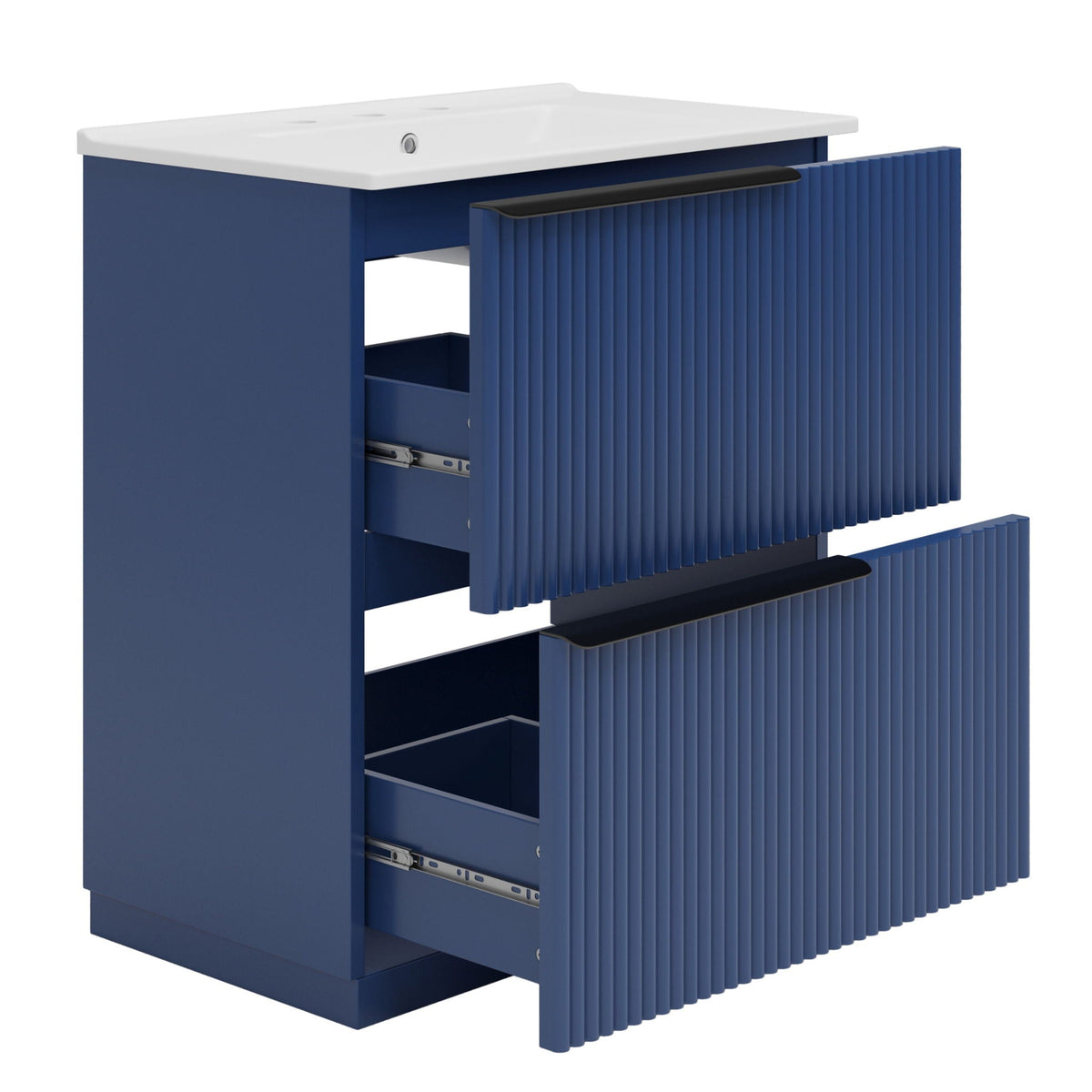 Fluted navy blue bathroom vanity with white ceramic sink top on Tampa Home & Garden Store