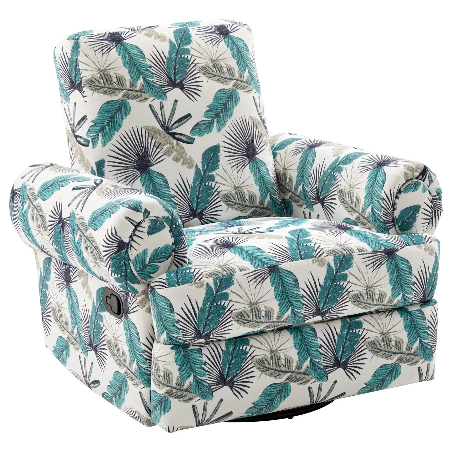 Manual swivel recliner rocker chair with adjustable backrest in teal palm leaf fabric on Tampa Home & Garden Store