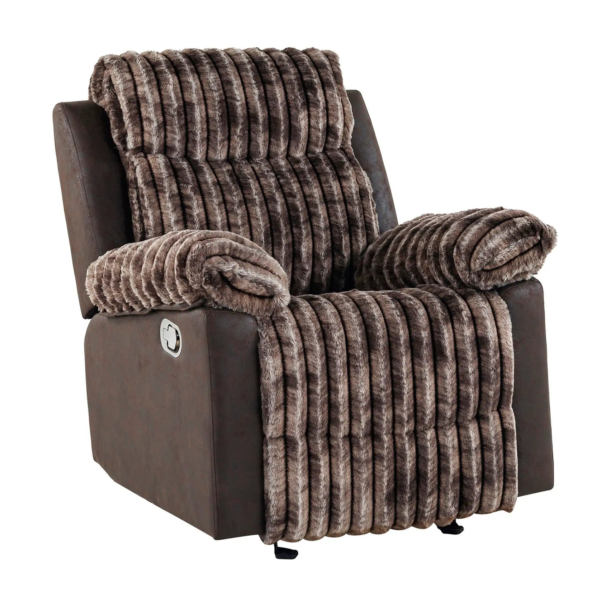 Bruni Glider Recliner with manual recline wrapped in plush brown faux fur on Tampa Home & Garden Store