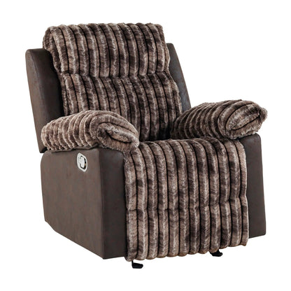 Bruni Glider Recliner with manual recline wrapped in plush brown faux fur on Tampa Home & Garden Store