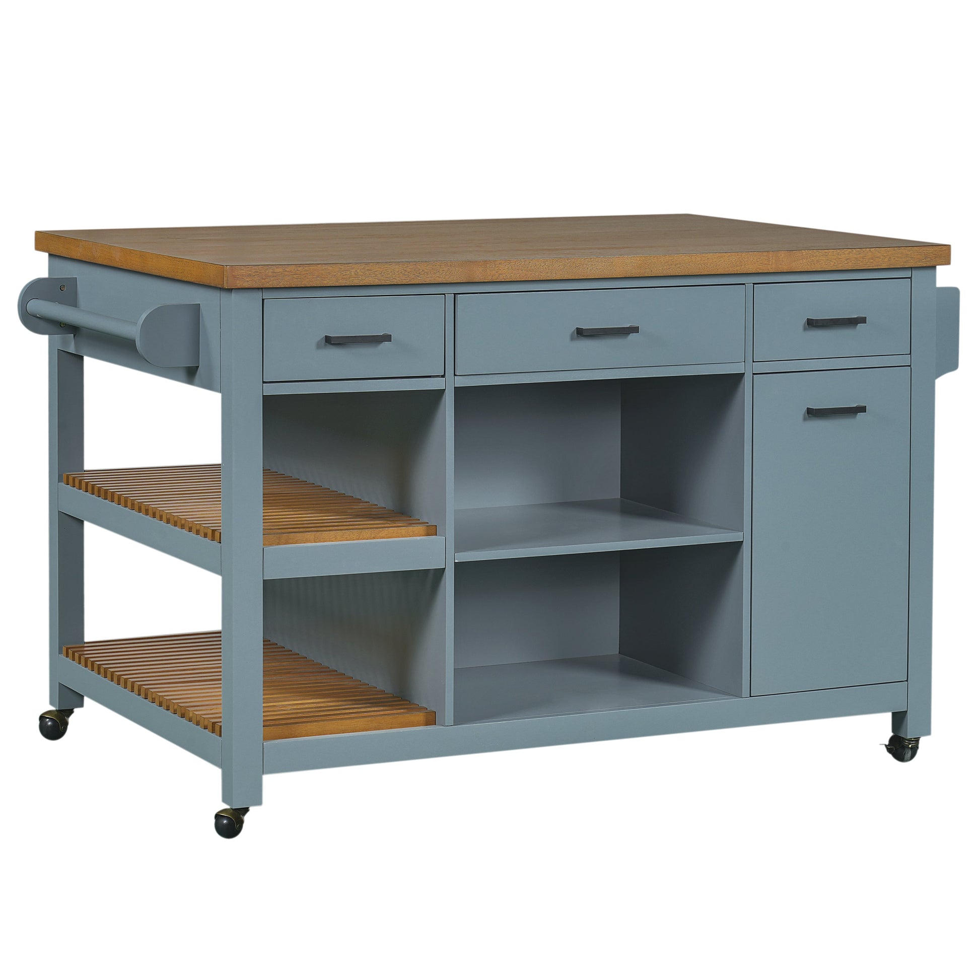 52in Kitchen Island Cart with Rubber Wood Top in blue-gray by HouseOfZazla; drawers and wheels on Tampa Home & Garden Store