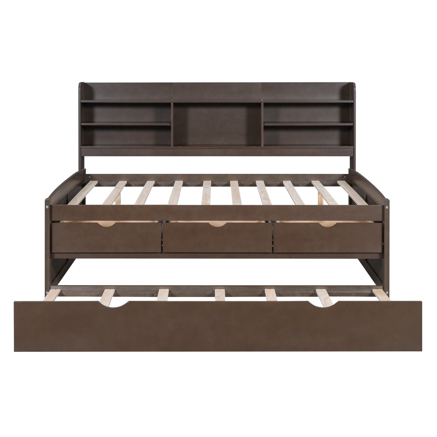 Captain Bed With Built In Bookshelves and Trundle, dark brown metal frame, 3 drawers on Tampa Home & Garden Store