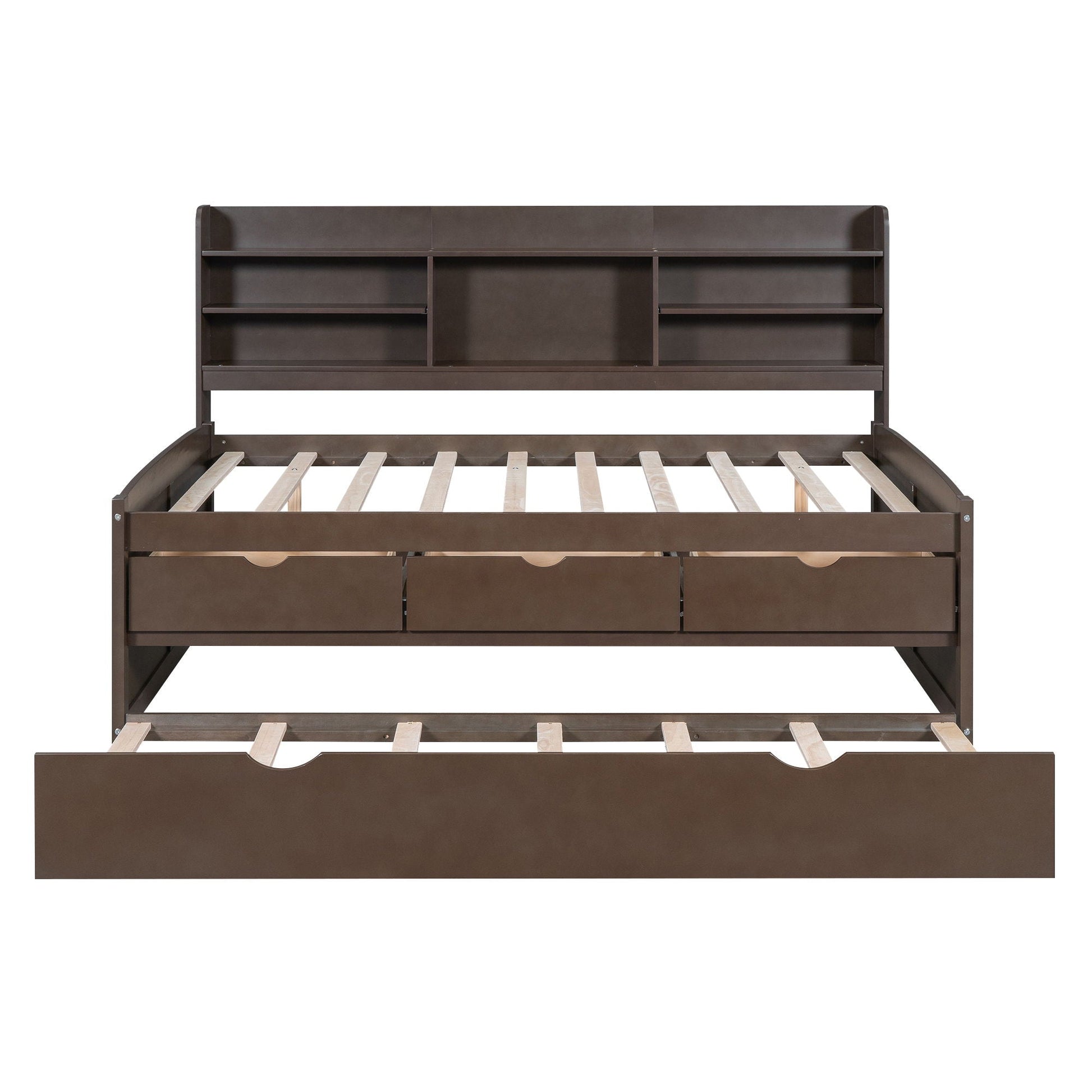 Captain Bed With Built In Bookshelves and Trundle, dark brown metal frame, 3 drawers on Tampa Home & Garden Store
