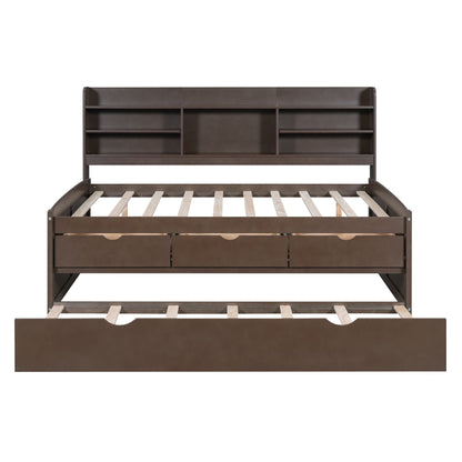 Captain Bed With Built In Bookshelves and Trundle, dark brown metal frame, 3 drawers on Tampa Home & Garden Store